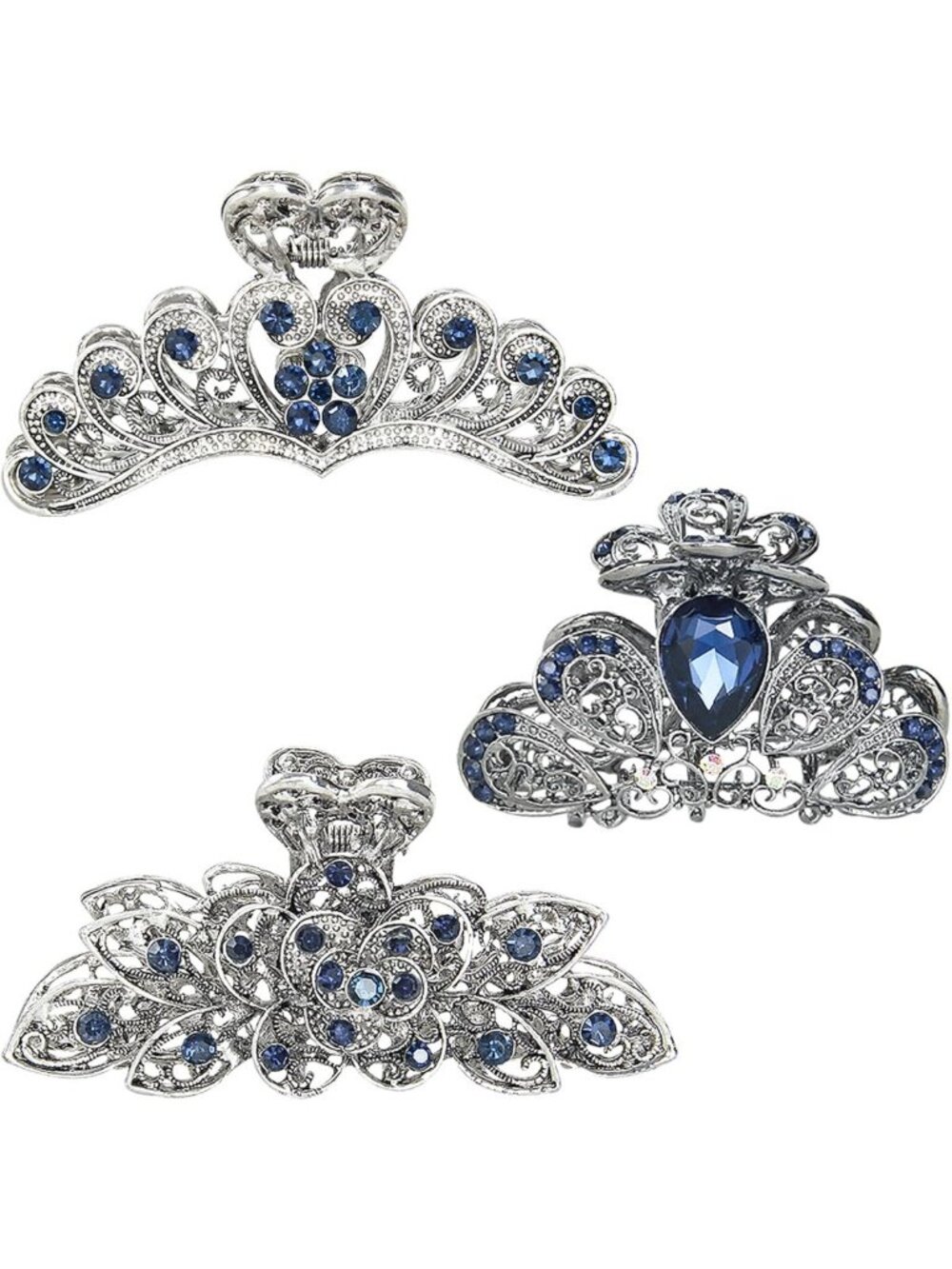 Vintage Crystal Hair Claw Clips Set - 3pc Metal Clamps for Long Thick Hair